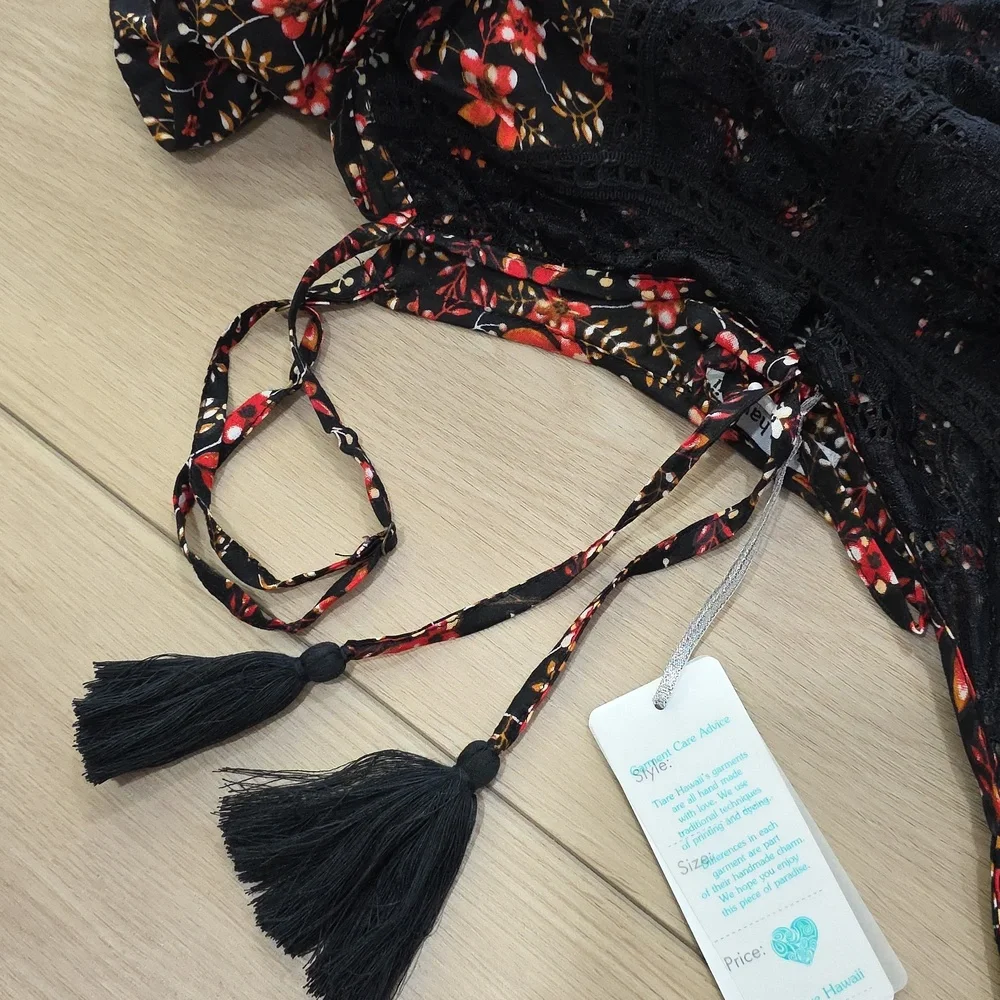 Tiare Hawaii Floral Lace-Trim Beach Cover-Up in Black and Red